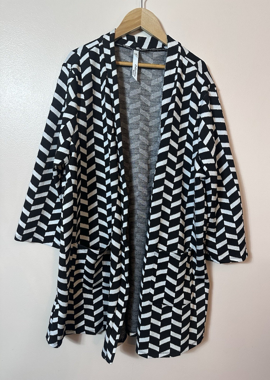 NY Collection Cardigan Womens XL Black White Geometric Chevron Open Front Kimono